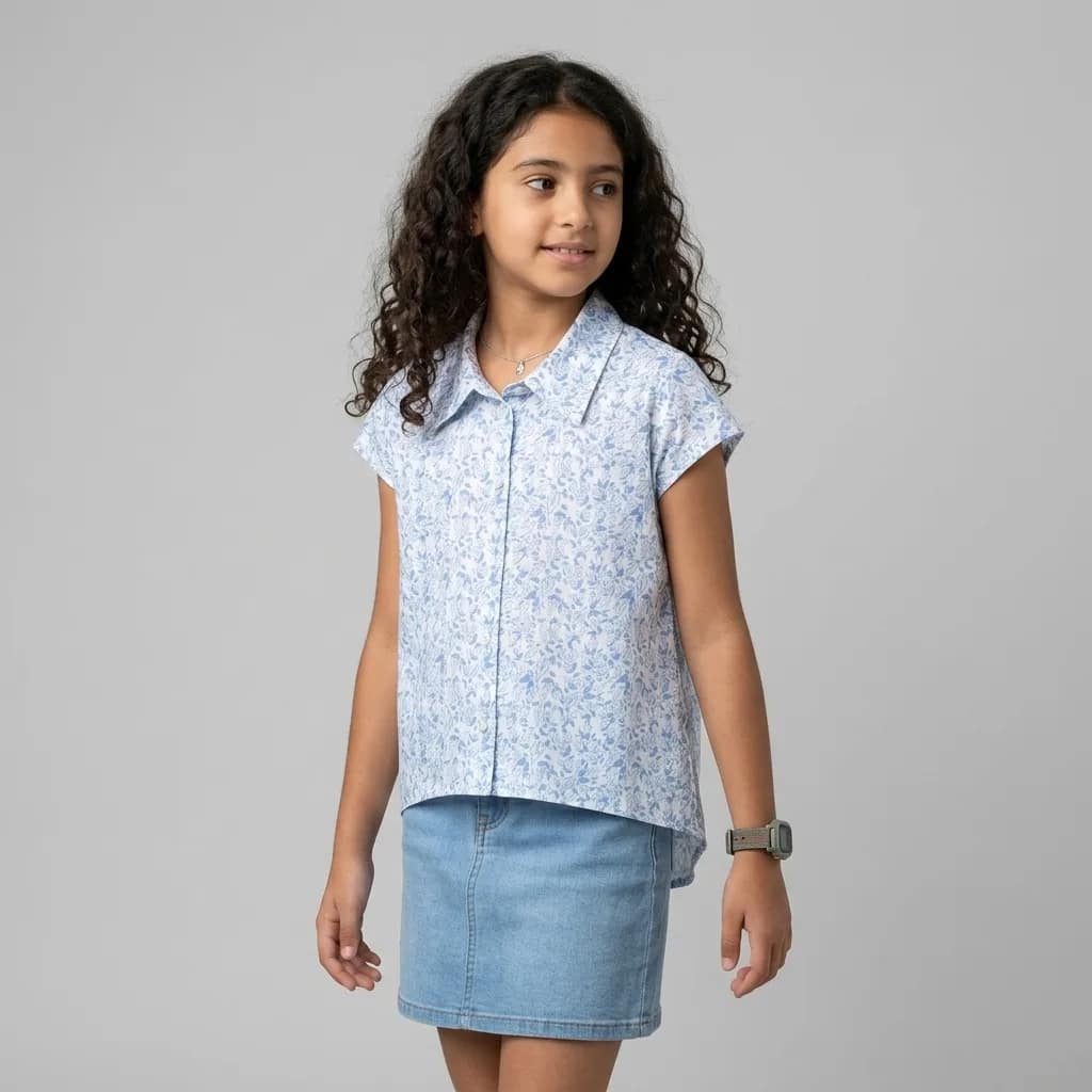 chemise fleuri bleu ciel Chemise fille à motif floral bleu, manches longues, col rond, tissu léger, idéale pour printemps-été