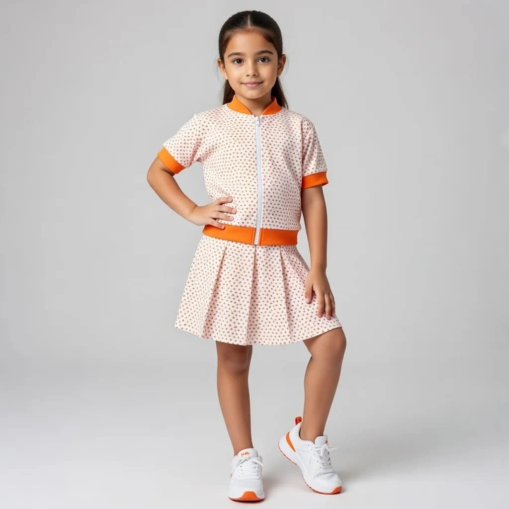 ensemble orange مجموعة جاكيت بومبر وتنورة مطوية للأطفال بألوان زاهية وتصميم عصري مناسب للمناسبات والأنشطة اليومية