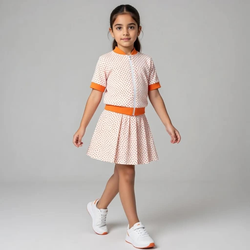 ensemble orange-2 مجموعة جاكيت بومبر وتنورة مطوية للأطفال بألوان نابضة بالحياة، مثالية للمناسبات الخاصة والأزياء اليومية