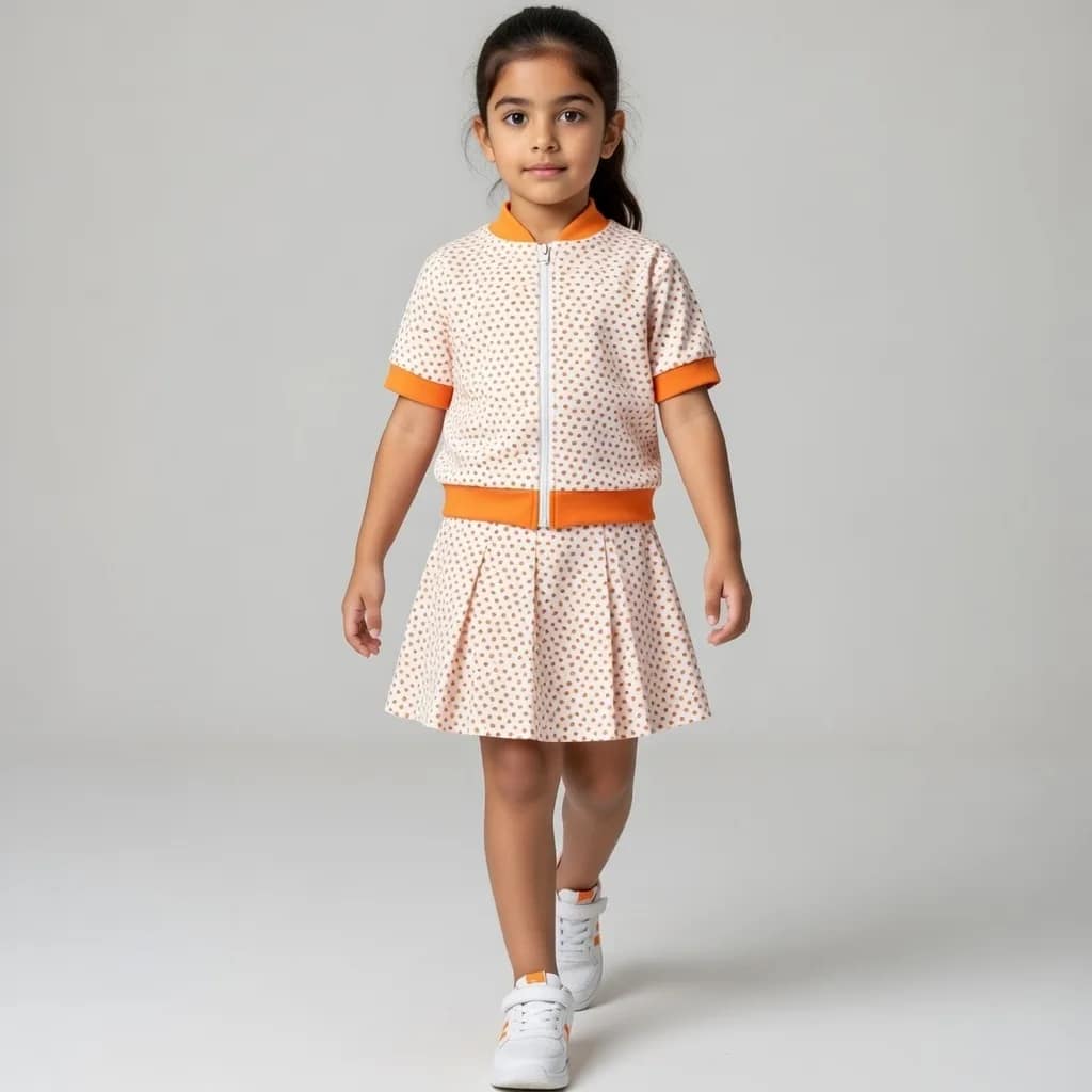 ensemble orange-3 مجموعة جاكيت بومبر وتنورة مطوية للأطفال بألوان زاهية، تناسب مناسبات متنوعة وتجمع بين الأناقة والراحة.