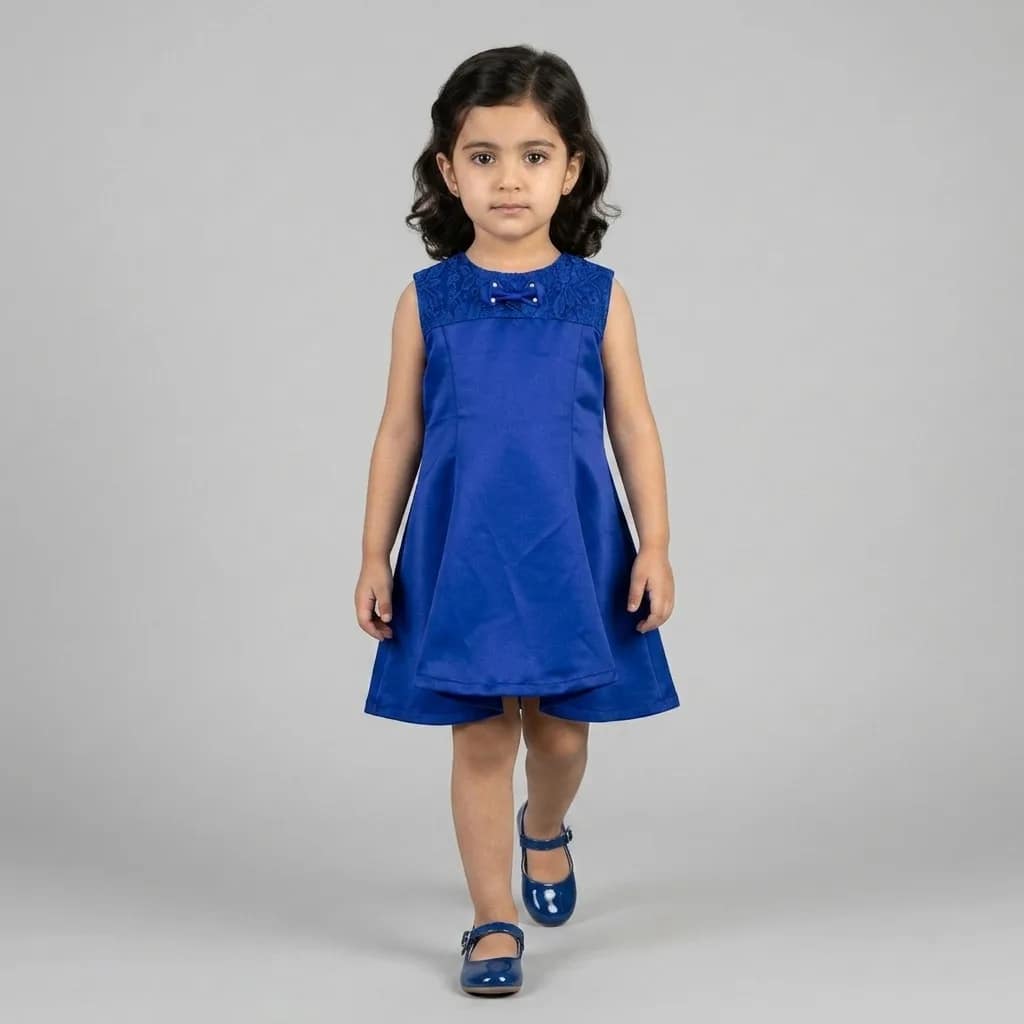 Robe satinée bleue à dentelle pour fille, élégante et fluide, détail dentelle délicate sur le buste et ourlet.