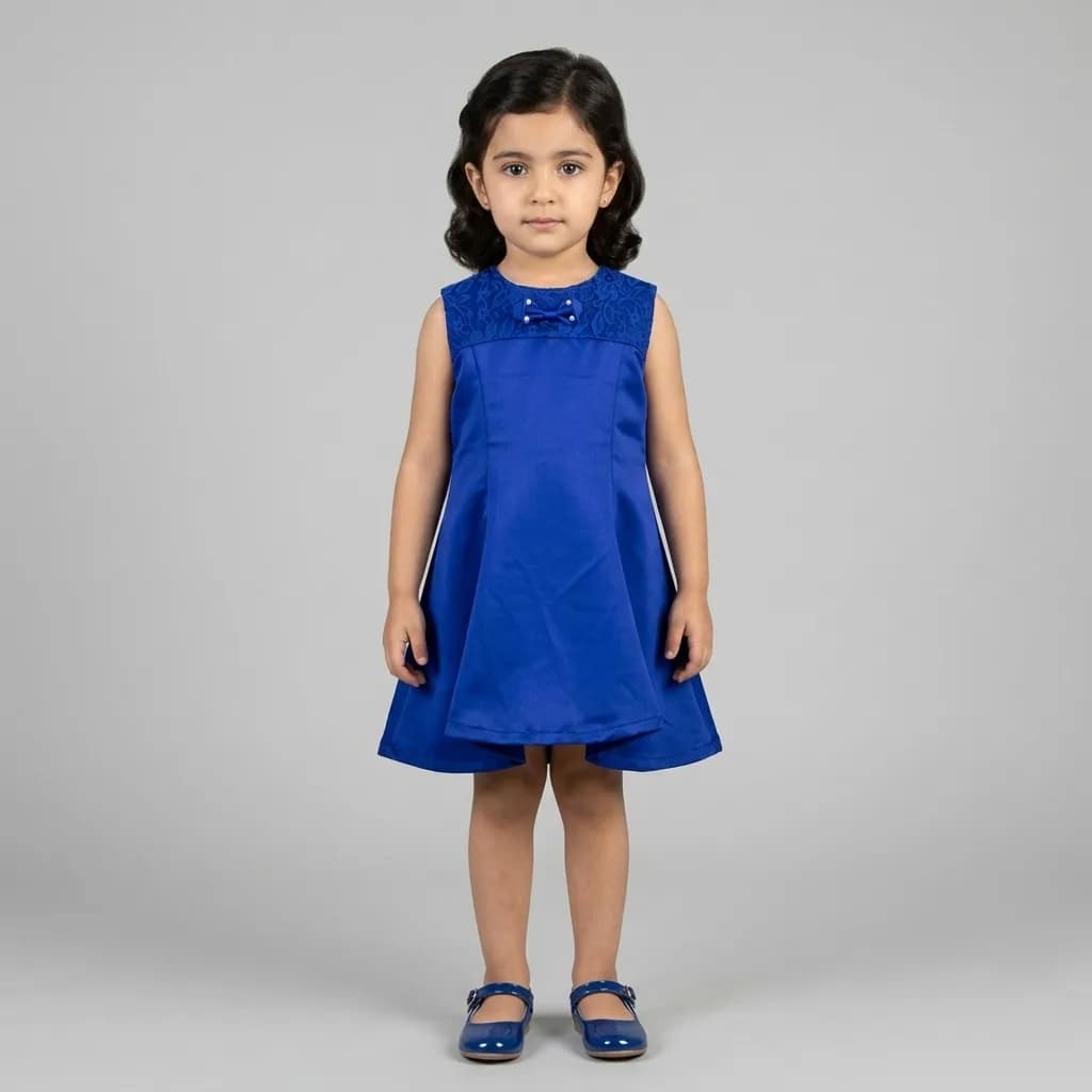 Robe satinée bleue à dentelle pour fille, élégante, détails délicats, idéale pour occasions spéciales.