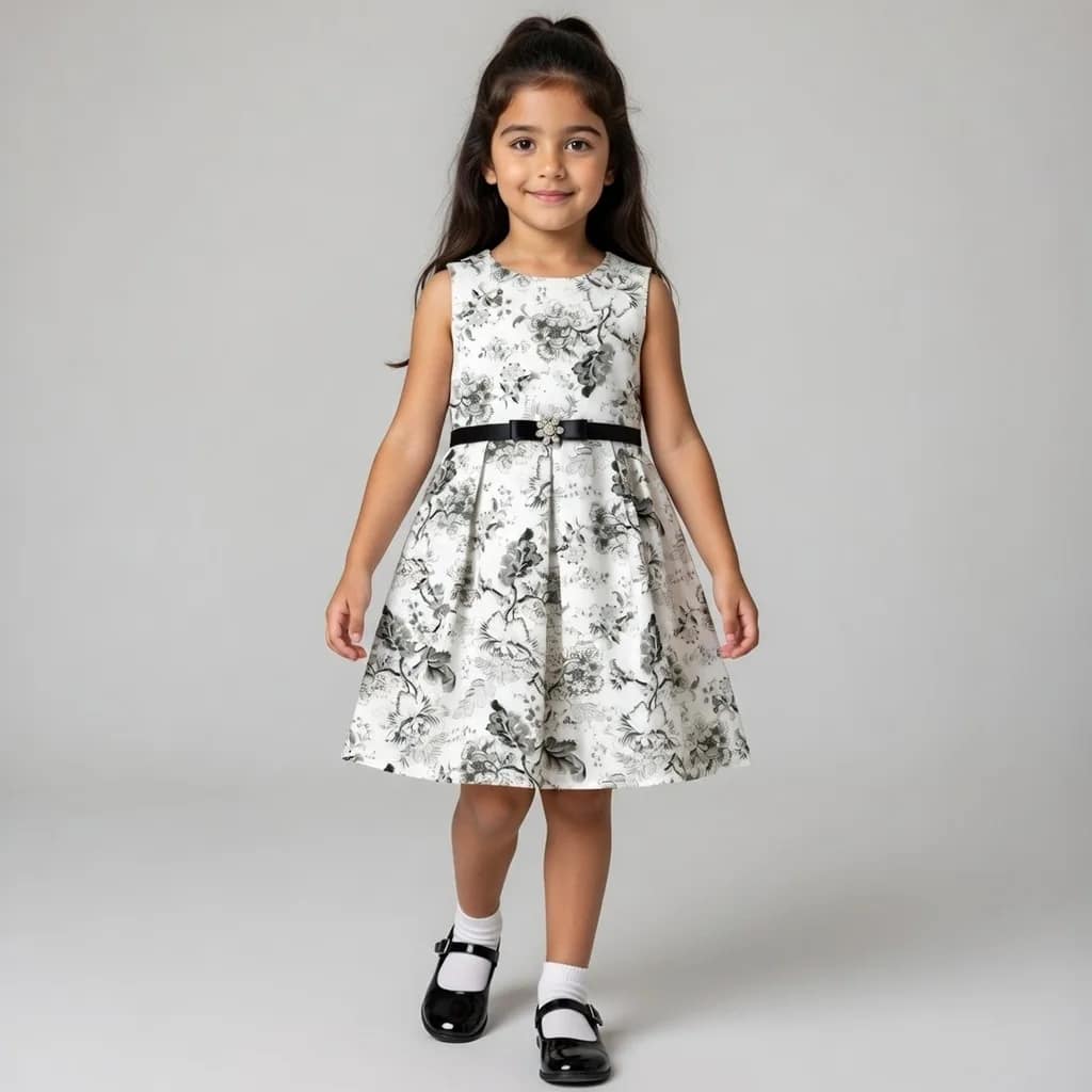 فستان احتفالي أبيض مزين بزهور سوداء élégant pour occasions spéciales