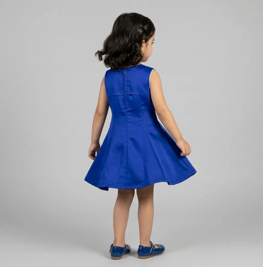 Robe satinée bleue à dentelle pour fille, élégante et chic, idéale pour occasions spéciales, détail délicat de dentelle.