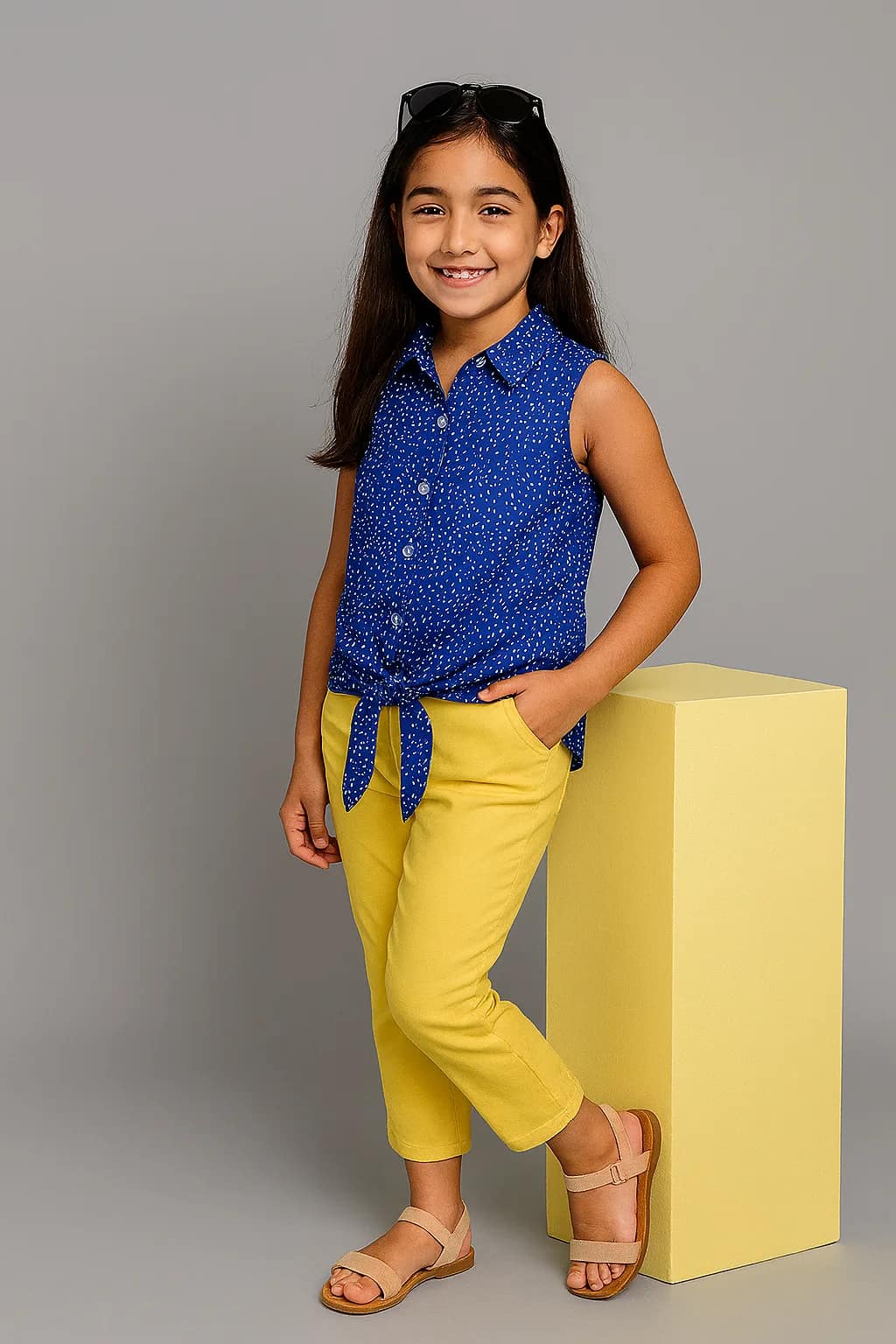 Chemise sans manches fille à pois bleue, motif à pois blanc, tissu léger, col rond, idéale pour l'été