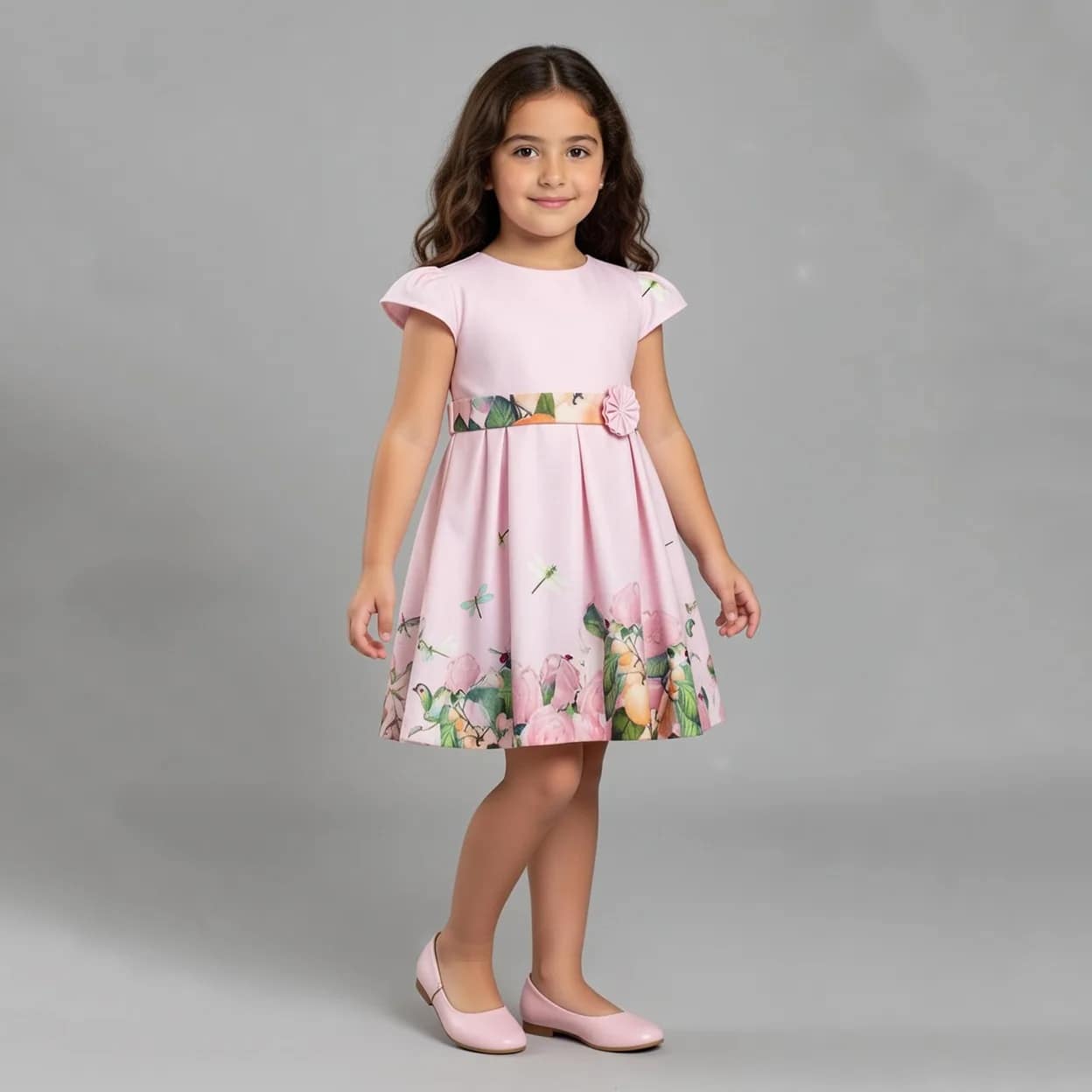 robe rose-2 فستان وردي مزخرف بالأزهار مع أكمام كرانيش، أنيق ومناسب لمناسبات الصيف