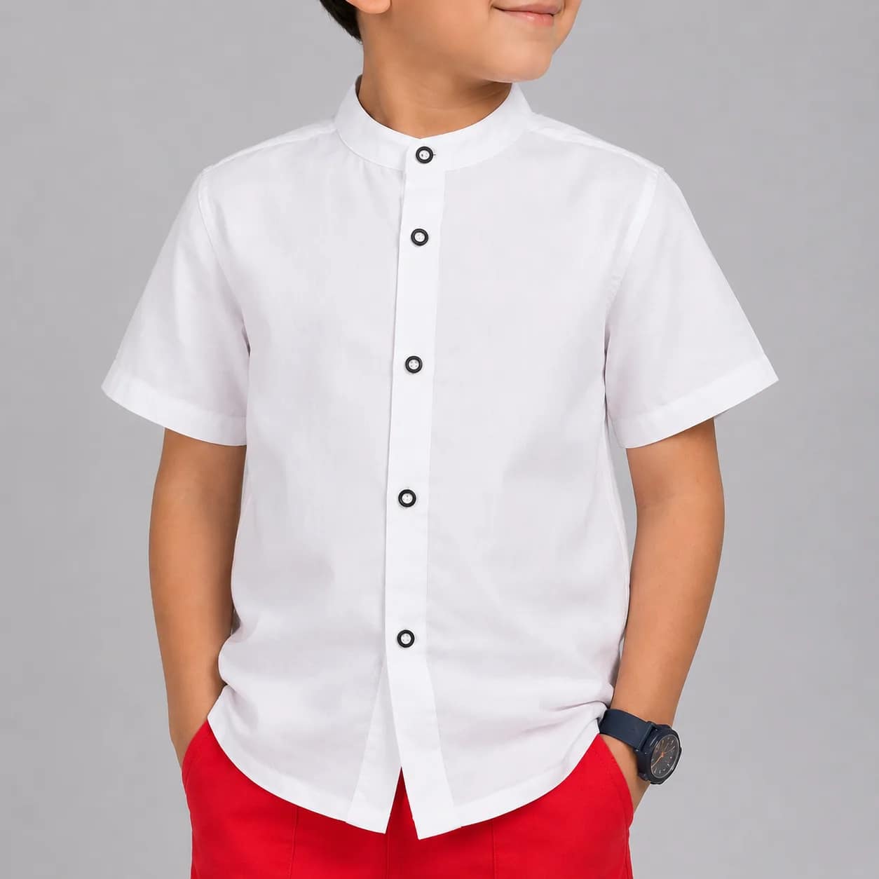 chemise blanche2 قميص أبيض بياقة ماو للصبي، قطن ناعم، أنيق ومريح، مثالي للمناسبات المختلفة