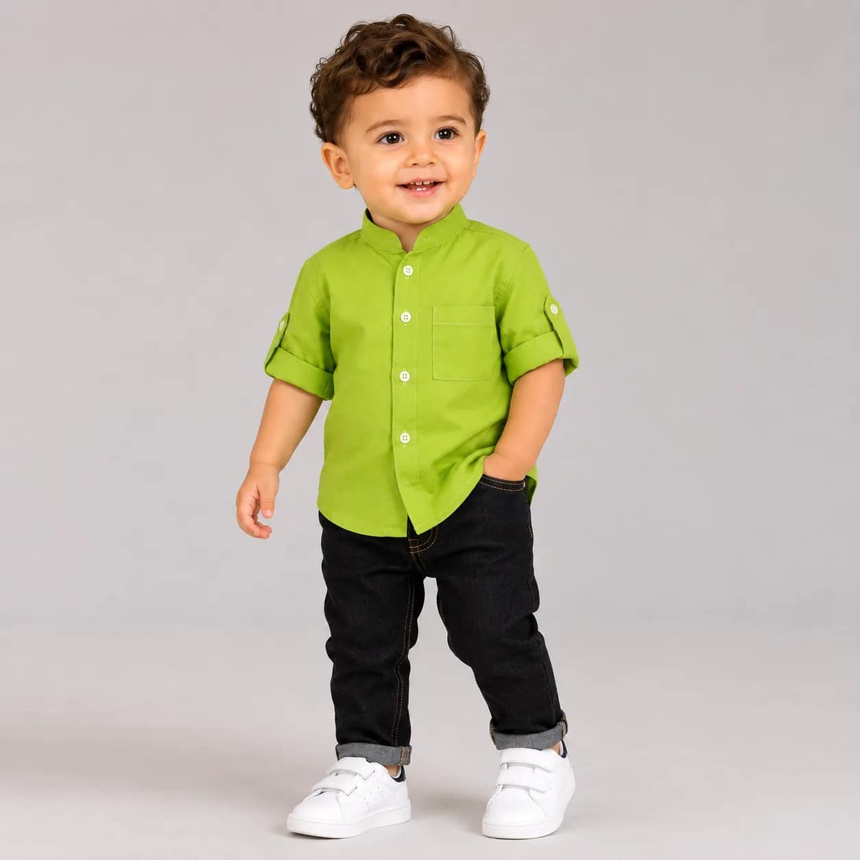 Chemise garçon vert citron col mao, tissu léger, manches longues, boutons discrets, style moderne et élégant
