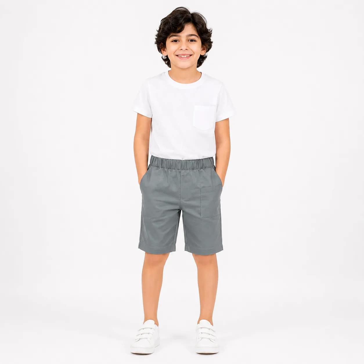 شورت رمادي للأطفال بحزام مرن, confortable, adapté pour le quotidien, style décontracté pour garçons et filles