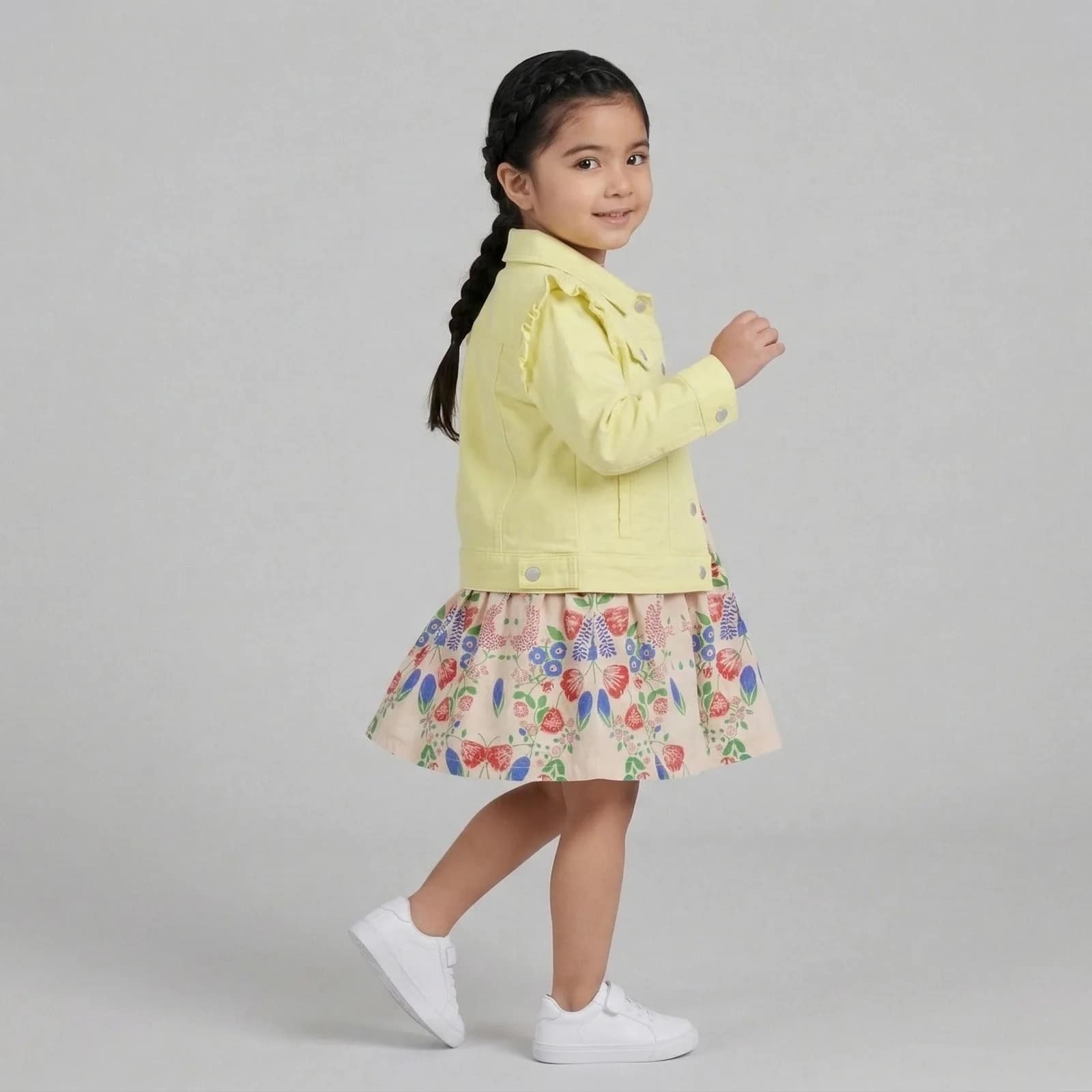 Gemini_Generated_Image_njit4anjit4anjit Ensemble Fille Robe Fleurie et Veste Jaune sur cintre, robe à motifs floraux colorés et veste jaune vif en coton