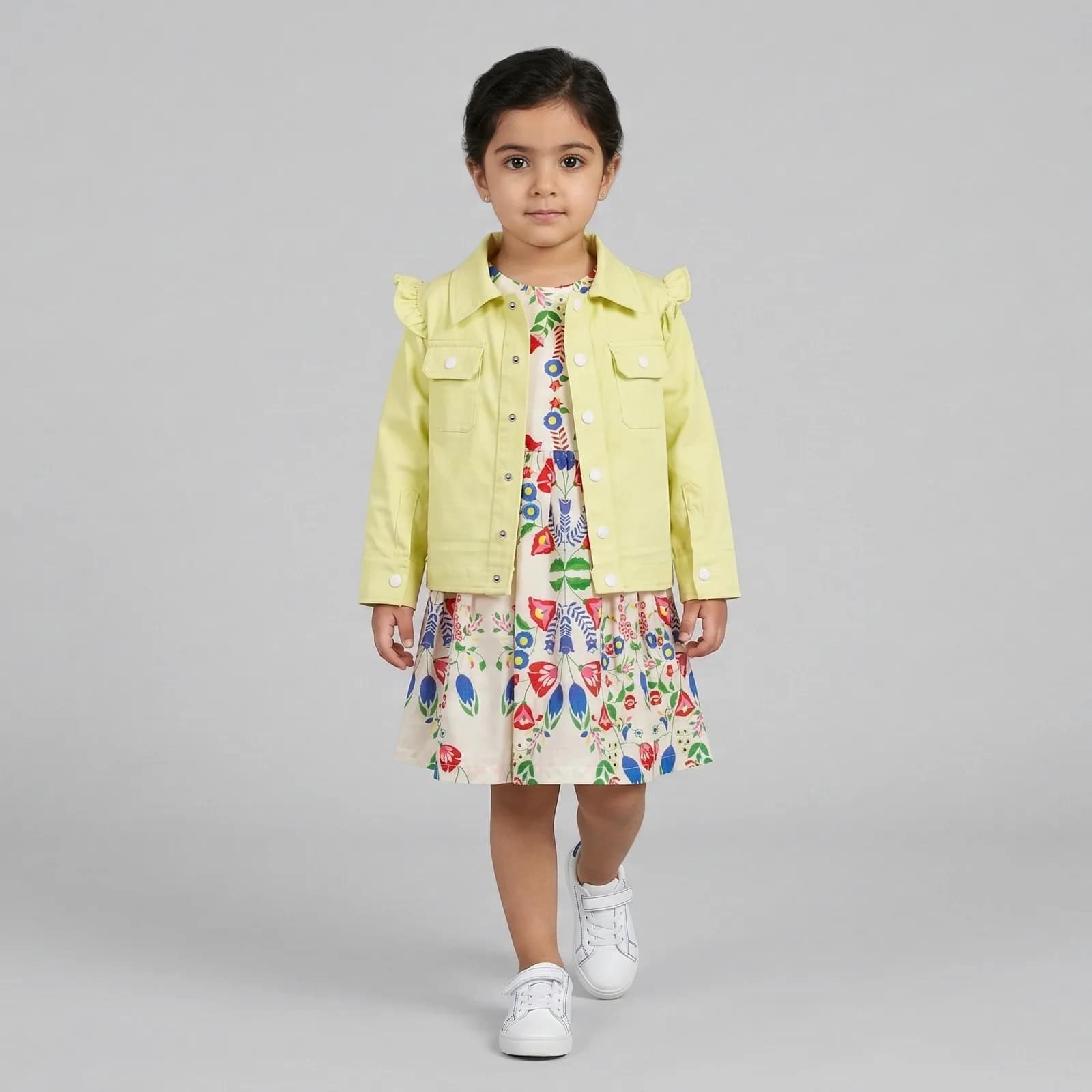ensemble veste pistach et robe fleuri Ensemble Fille Robe Fleurie et Veste Jaune, robe à motifs floraux colorés avec veste jaune élégante, mode enfantine.