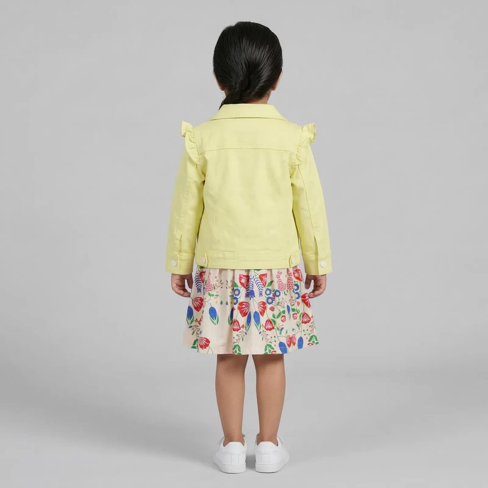 ensemble veste pistach et robe fleuri6BACK Ensemble Fille Robe Fleurie et Veste Jaune, robe imprimée fleurs colorées, veste jaune vif, style élégant et joyeux.