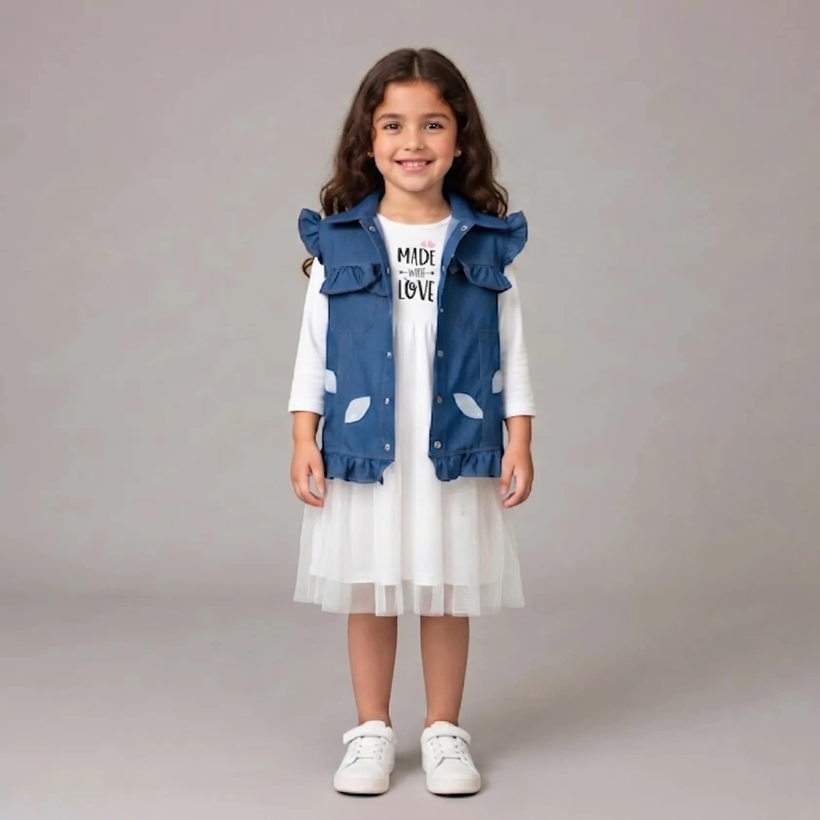 robe blanche gilet jeans Ensemble Robe Coton Doux & Gilet en Denim pour fille, robe blanche à motifs floraux, gilet en denim bleu, style élégant