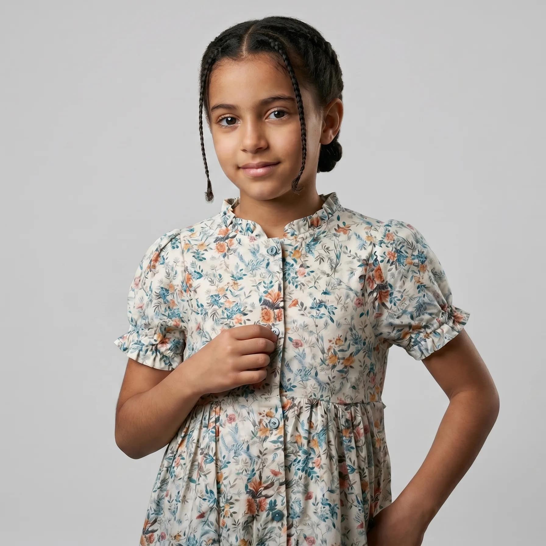 ensemble chemise fleuri pantalon orange2 Tenue décontractée fille avec tunique à motifs floraux et pantalon en coton bleu clair, idéale pour un look quotidien.