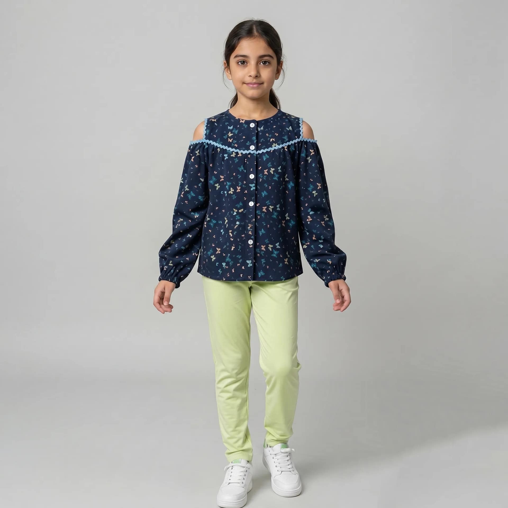 chemise bleumarin fleuri pantalon pistache Ensemble chemise et pantalon pour fille, chemise blanche à motifs floraux et pantalon rose, mode enfant élégante