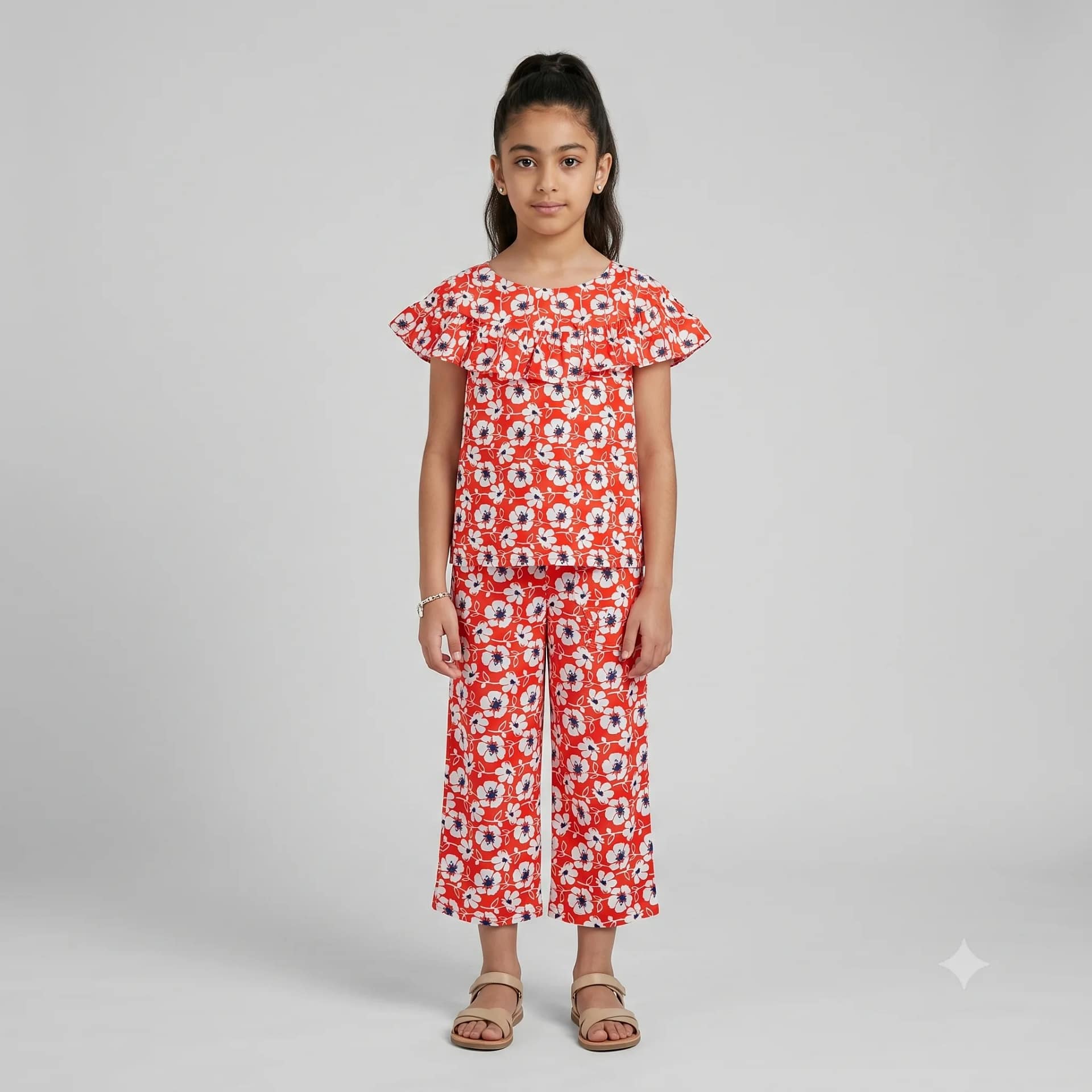 ensemble fleuri rouge Ensemble Fille Rouge à Motifs Floraux avec jupe et haut assortis, détails floraux colorés, tenue enfant stylée.