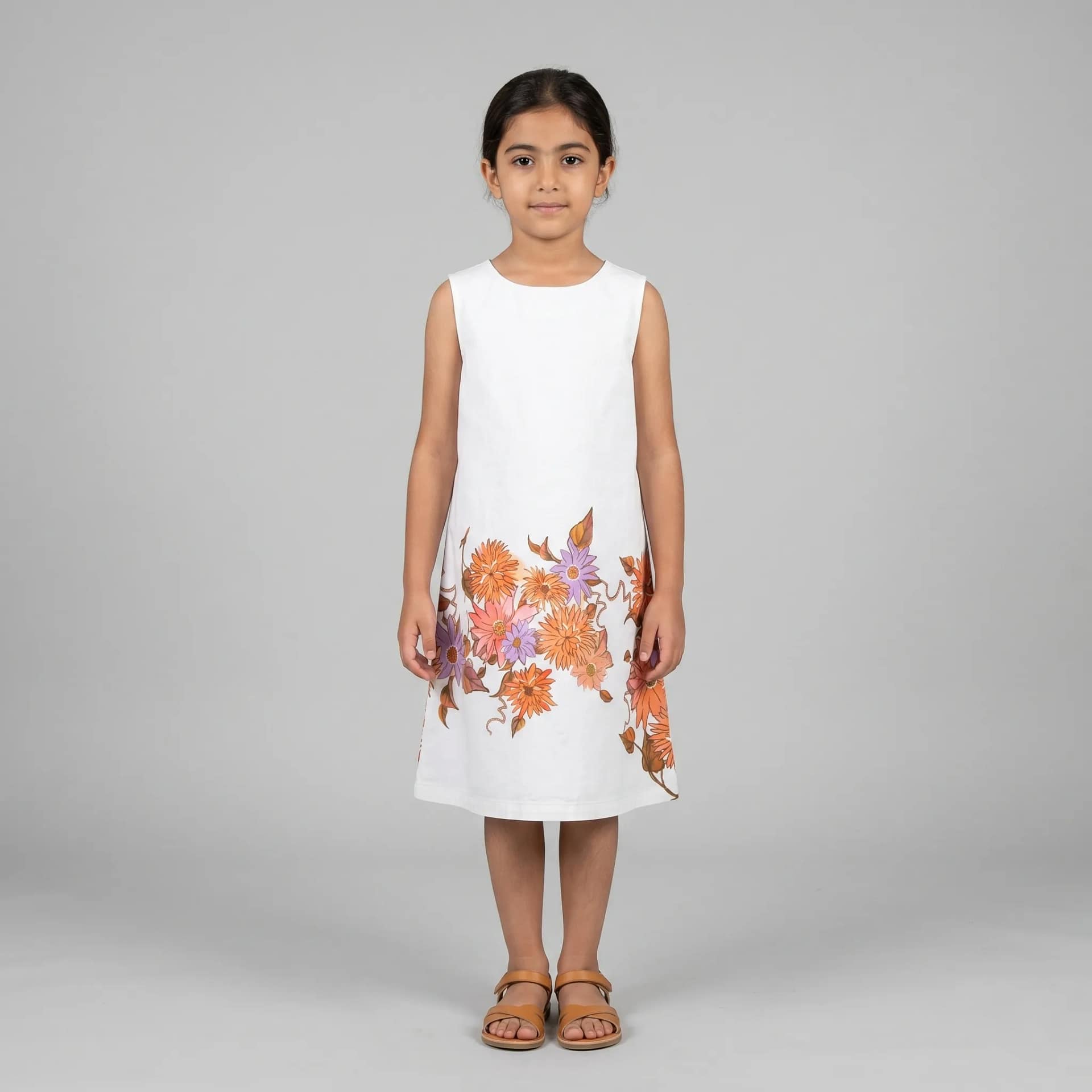 robe blanche fleuri Robe trapèze fleurie en coton pour fille, motifs floraux colorés, coupe évasée et tissu léger pour l'été