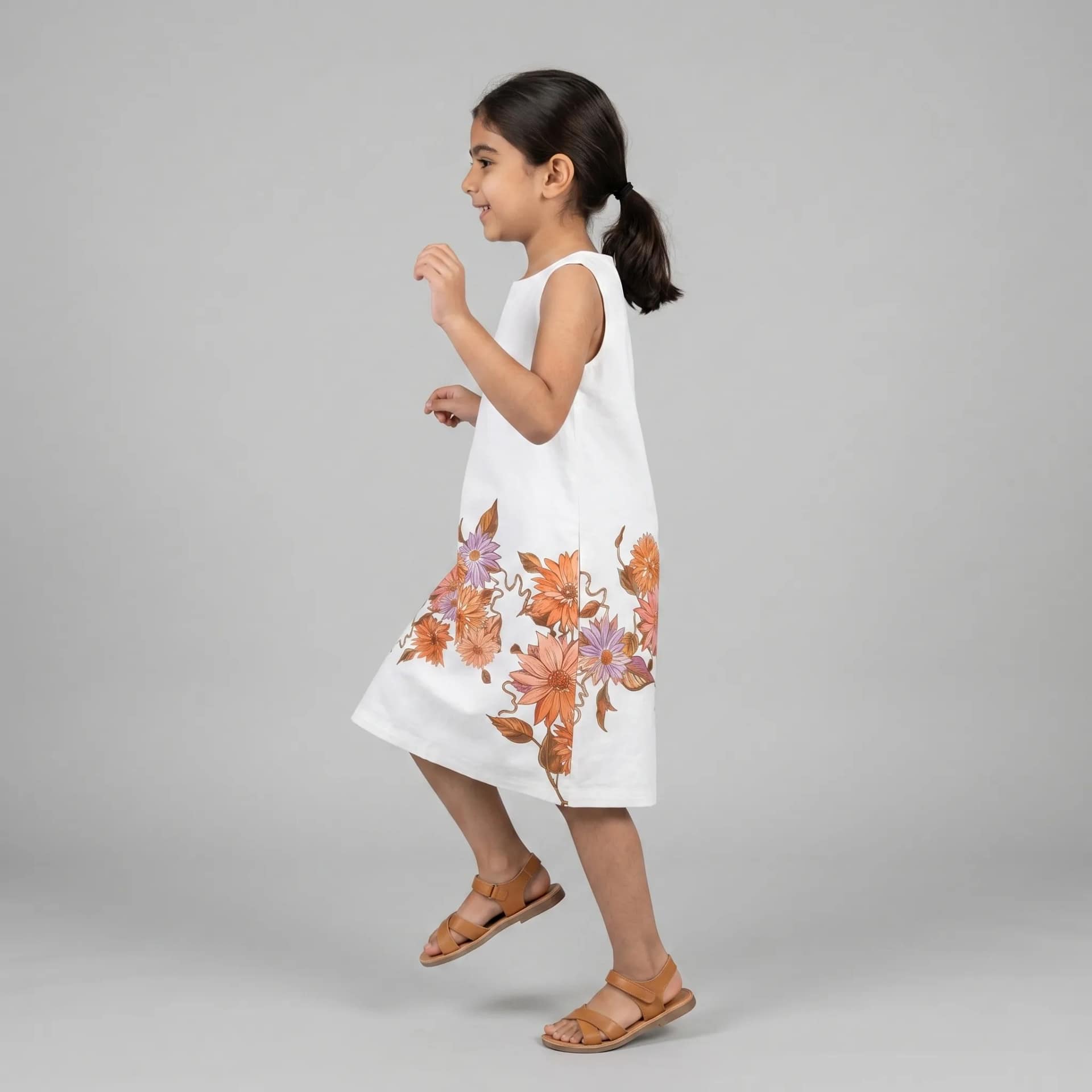 robe blanche fleuri1 Robe trapèze fleurie en coton pour fille, motif floral coloré, coupe évasée, idéale pour l'été et les occasions spéciales.