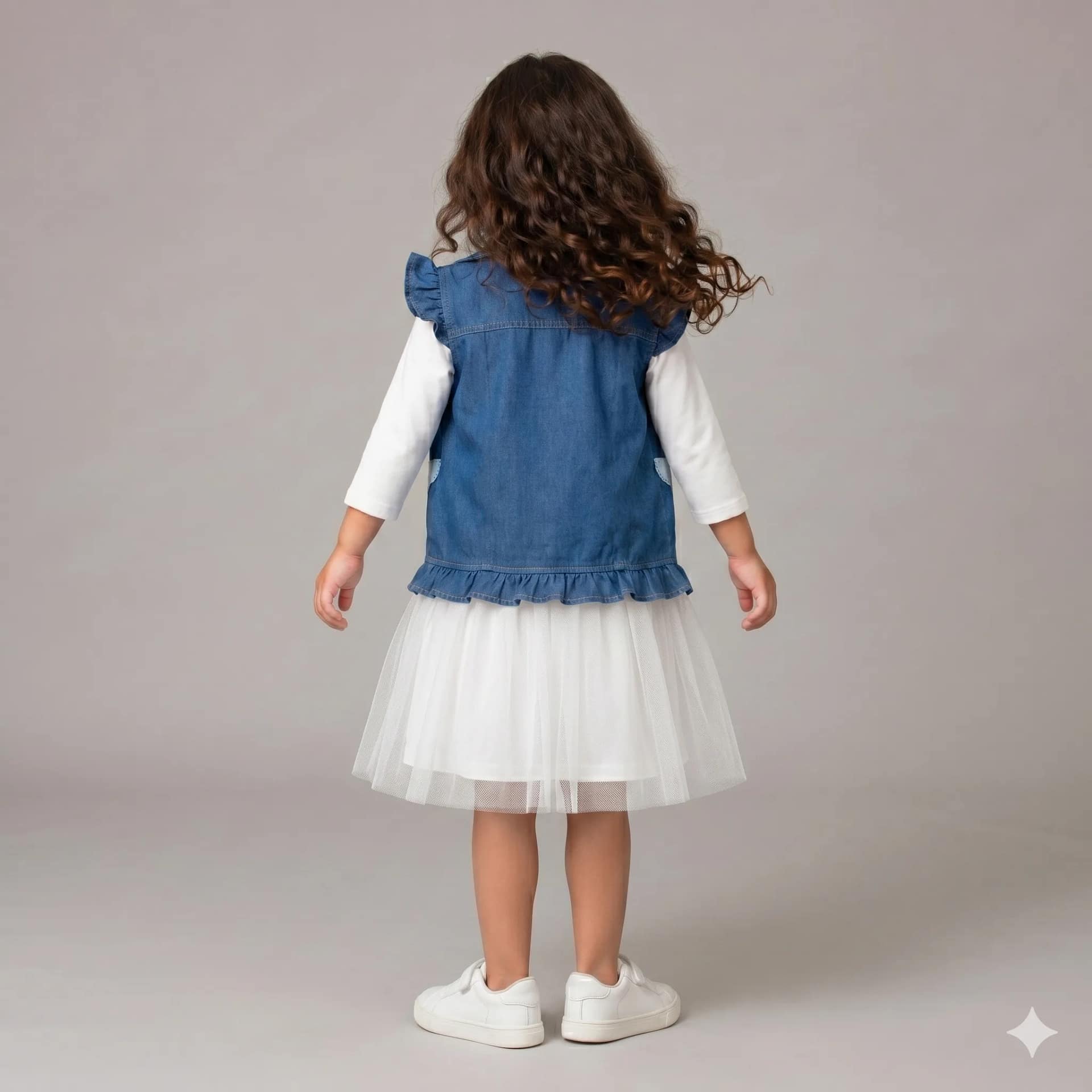 robe blanche gilet jeans1 Ensemble Robe Coton Doux & Gilet en Denim pour fille, robe blanche à manches longues et gilet bleu clair