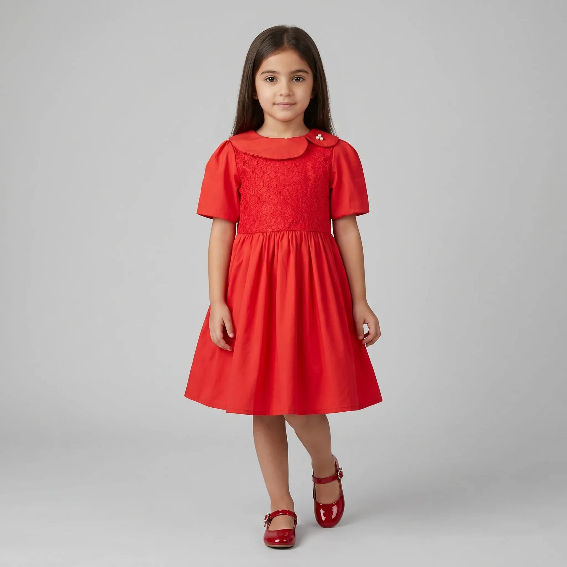 robe brode rouge فستان فتاة أحمر بياقة كلودين élégant, idéal pour occasions spéciales, tissu fluide et coupe classique.
