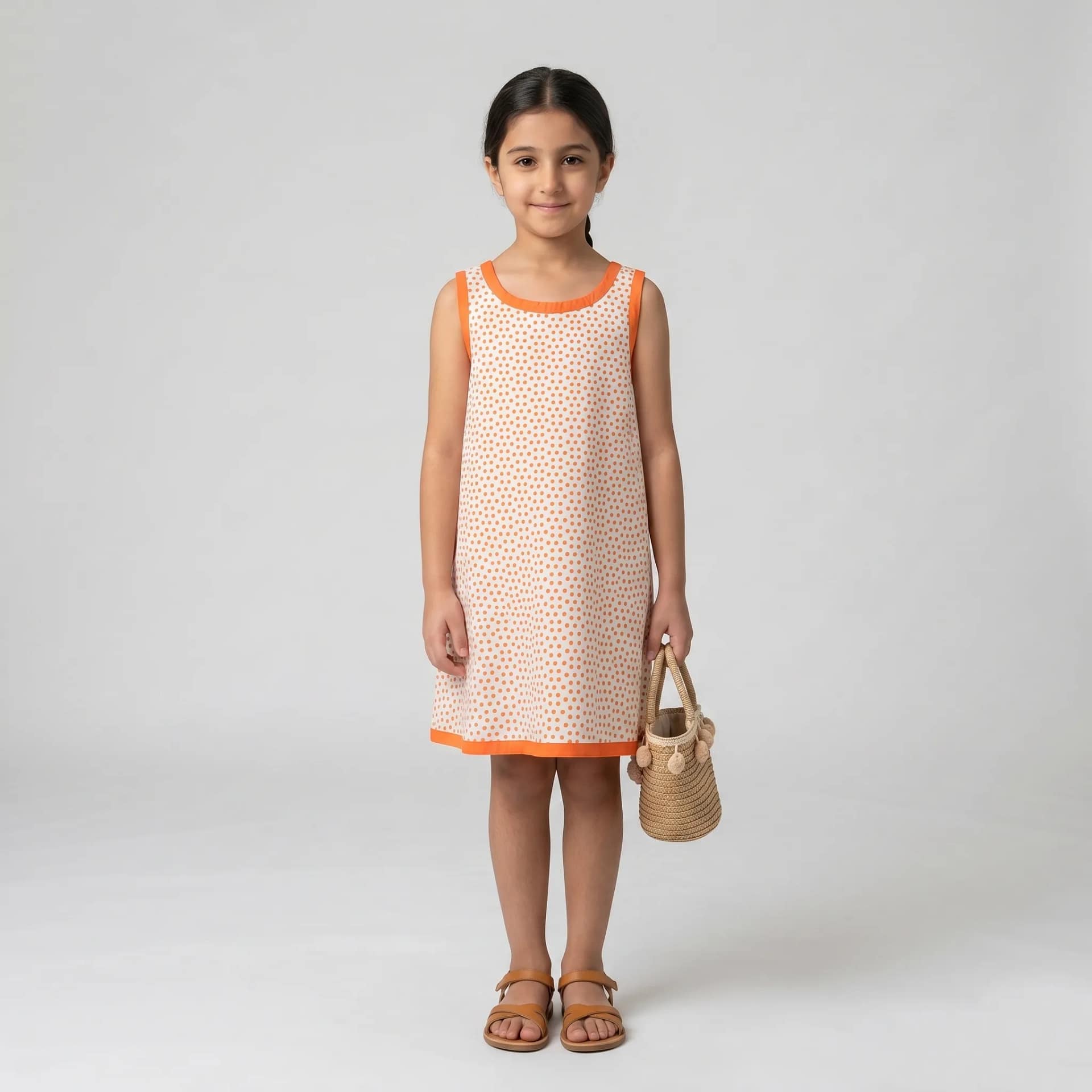 robe orange 1 Robe d’été fille à pois orange, tissu léger, coupe évasée, bretelles fines, idéale pour journées ensoleillées