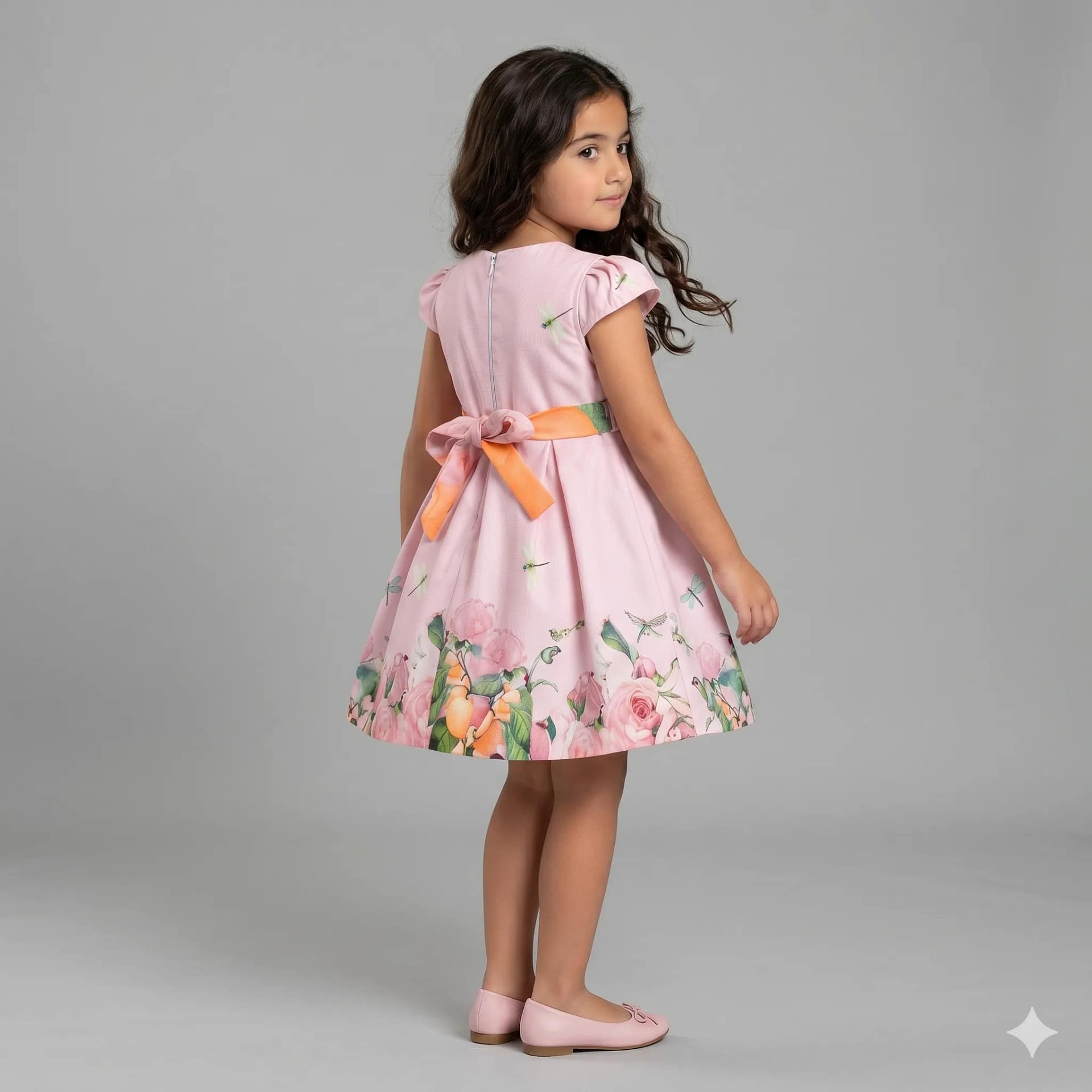 robe rose-3 فستان وردي مزخرف بالأزهار مع أكمام مزينة بالكرانيش يبرز الأناقة والأنوثة