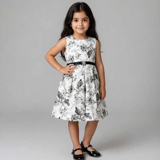 فستان احتفالي أبيض مزين بزهور سوداء élégant et chic pour occasions spéciales