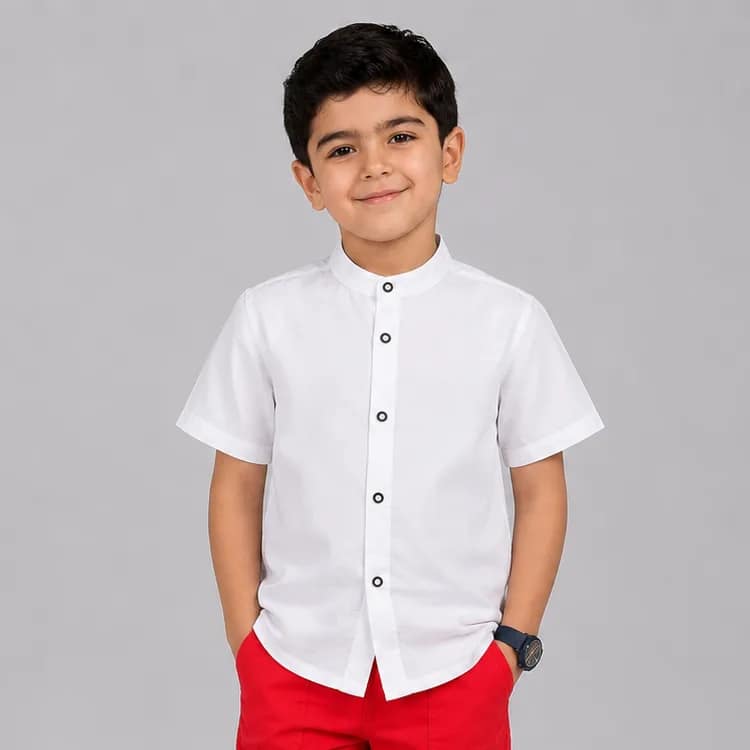 chemise blanchea قميص أبيض بياقة ماو للصبي، مصنوع من القطن الناعم، أنيق ومريح للمناسبات