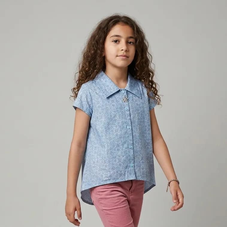 chemise fleuri multi couleur Chemise fille bleue à manches courtes en coton léger, col rond, idéale pour l'été et les occasions décontractées.