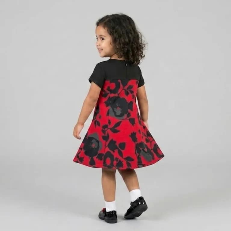 robe rouge noir v21 Robe volantée fille rouge à fleurs, manches courtes, col rond, tissu léger, motif floral délicat, élégance estivale