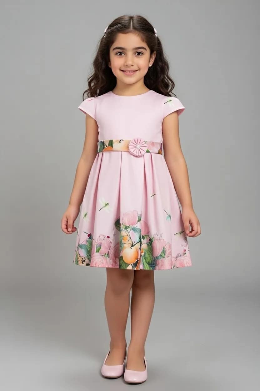 robe rose فستان وردي مزخرف بالأزهار وأكمام مزينة بالكرانيش élégant et féminin, idéal pour un look printanier chic