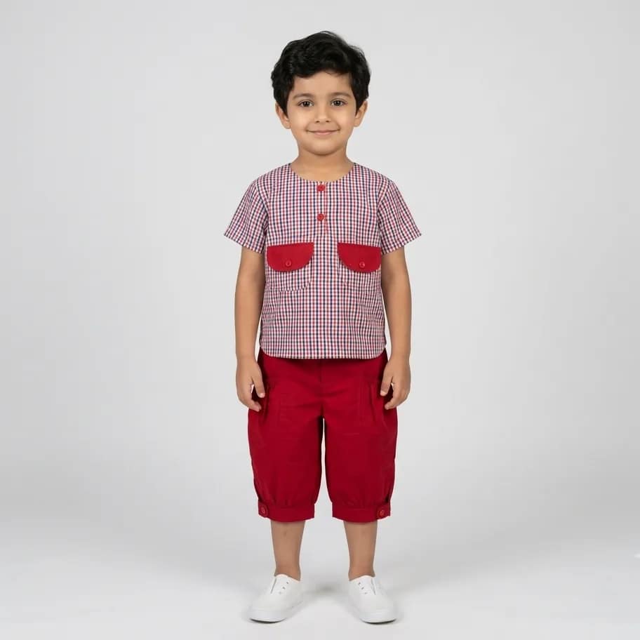 Ensemble garçon rouge à carreaux tendance, chemise et pantalon assortis, style moderne et confortable.